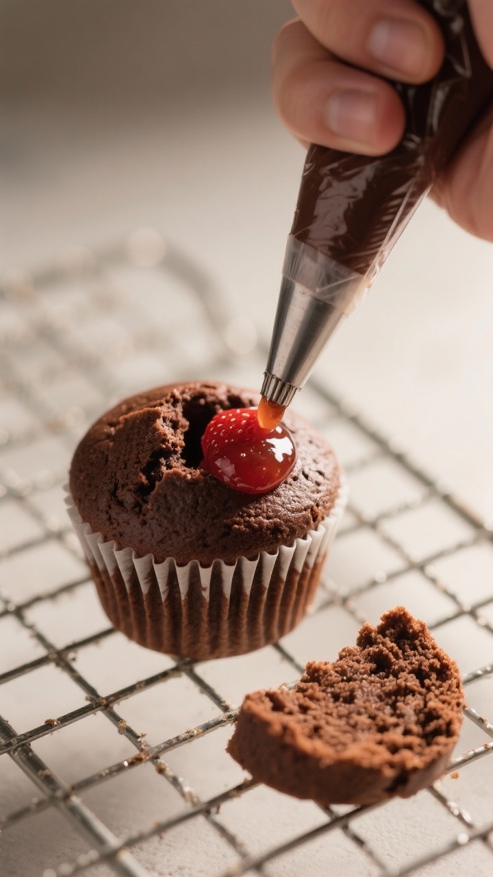 Close-up detail: A just-baked chocolate cupcake with a small cored center being filled with glossy s