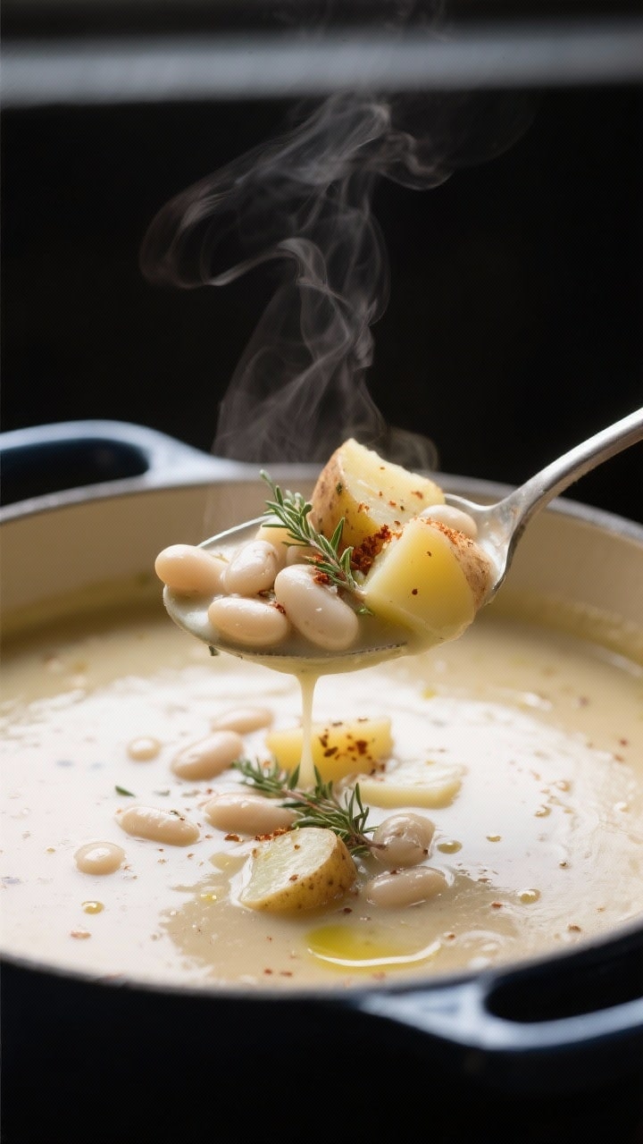 Close-up detail: A ladle lifting creamy potato and cannellini bean soup from a Dutch oven mid-simmer