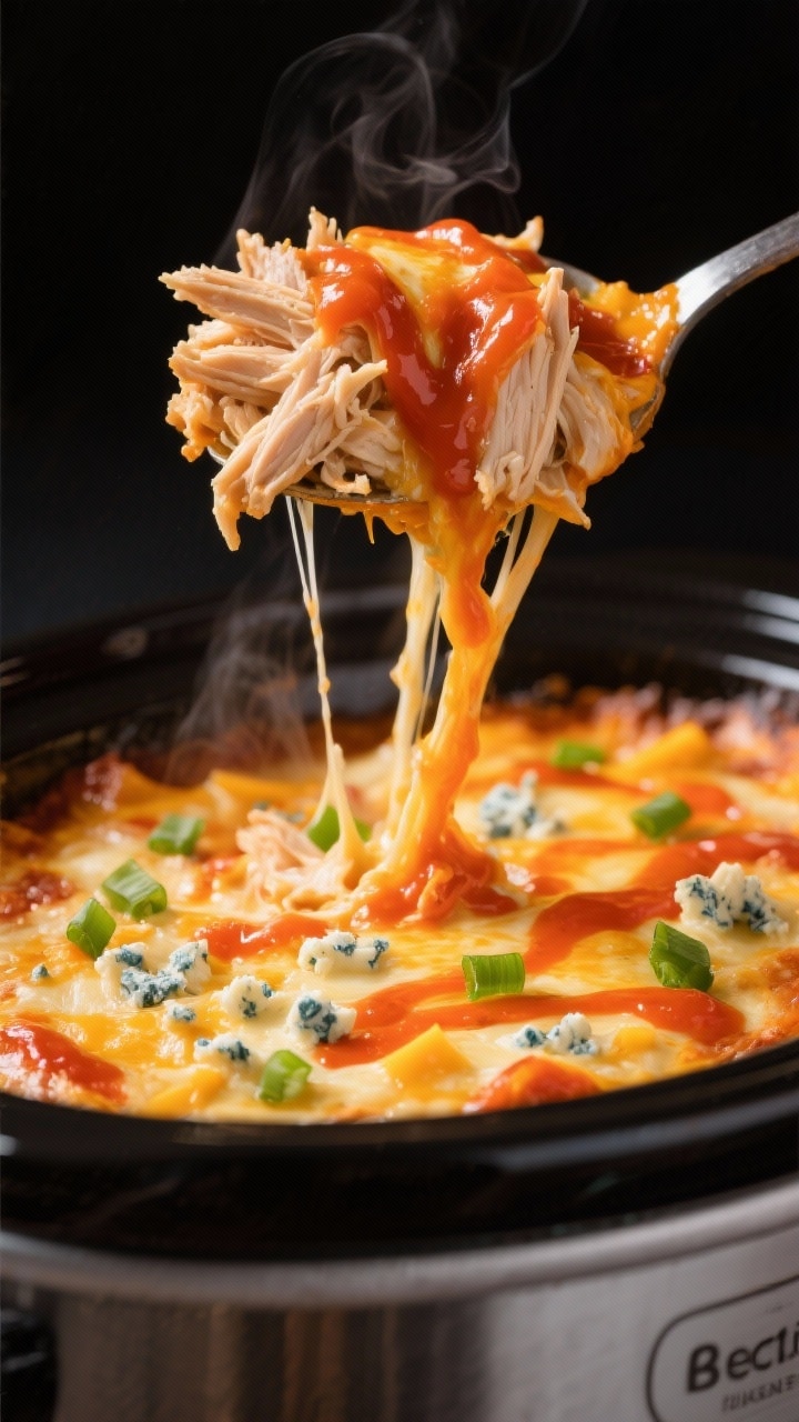 Close-up detail: A molten scoop of crockpot buffalo chicken dip lifted just above the slow cooker, s