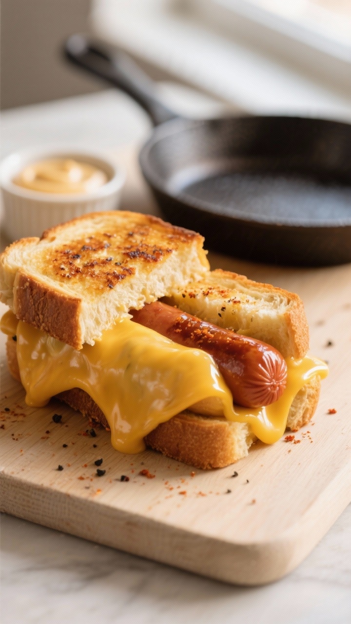 Close-up detail: A sliced grilled cheese hot dog just off the skillet, showing a golden, buttery cru