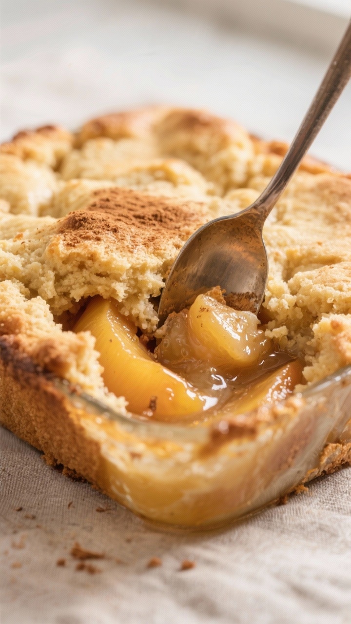 Close-up detail: A spoon breaking into a freshly baked peach cobbler corner, showing the golden, but