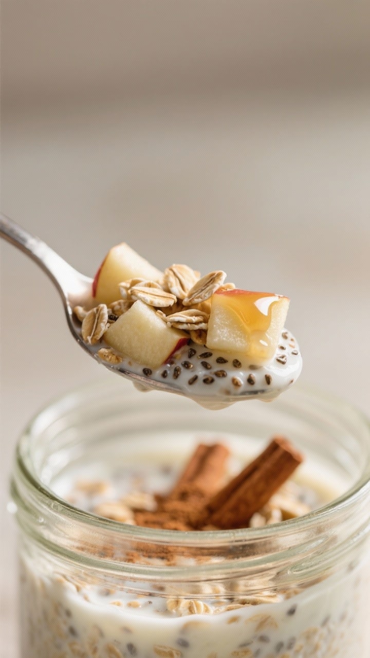 Close-up detail: A spoonful of creamy apple cinnamon overnight oats lifted from a glass jar, showing