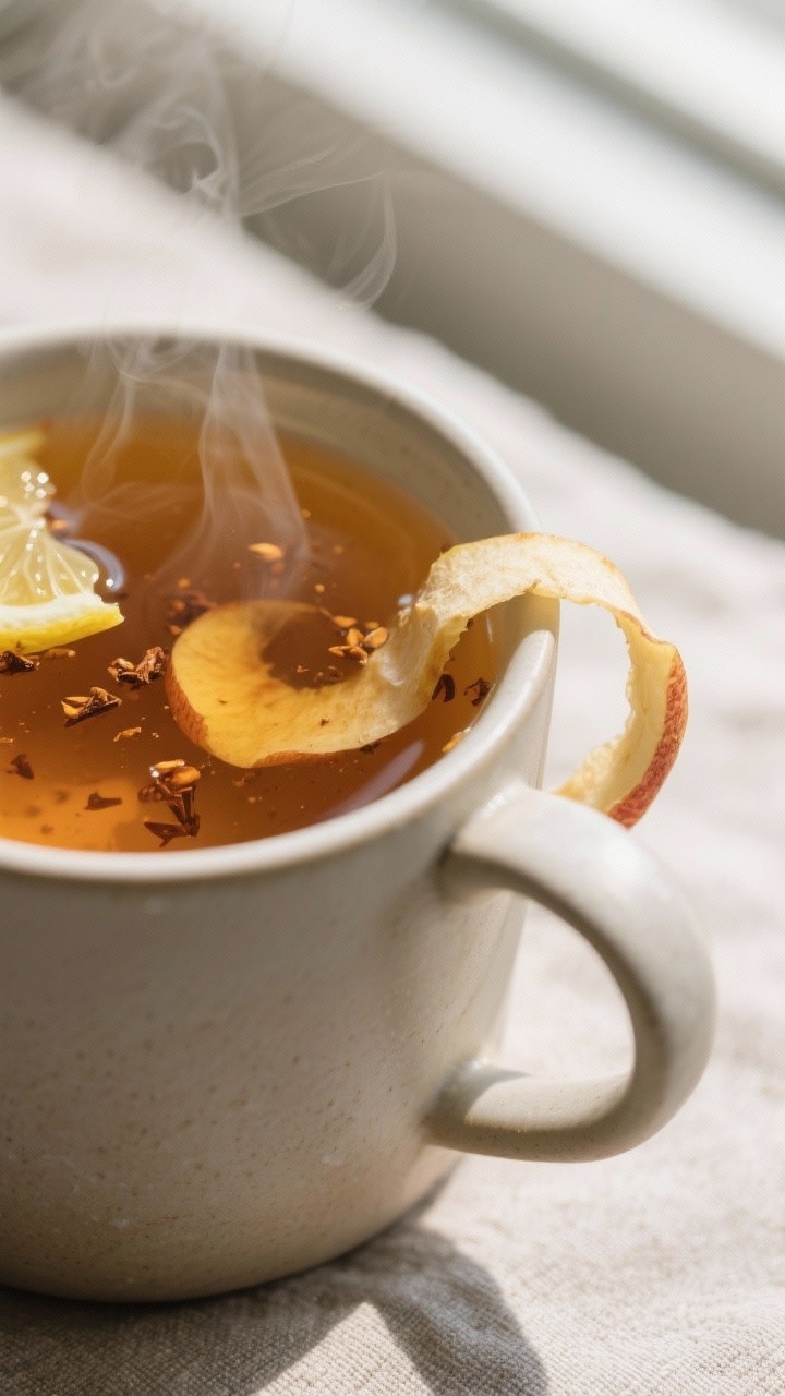 Close-up detail: A steaming mug of apple peel tea just after straining, amber-golden liquid with tin