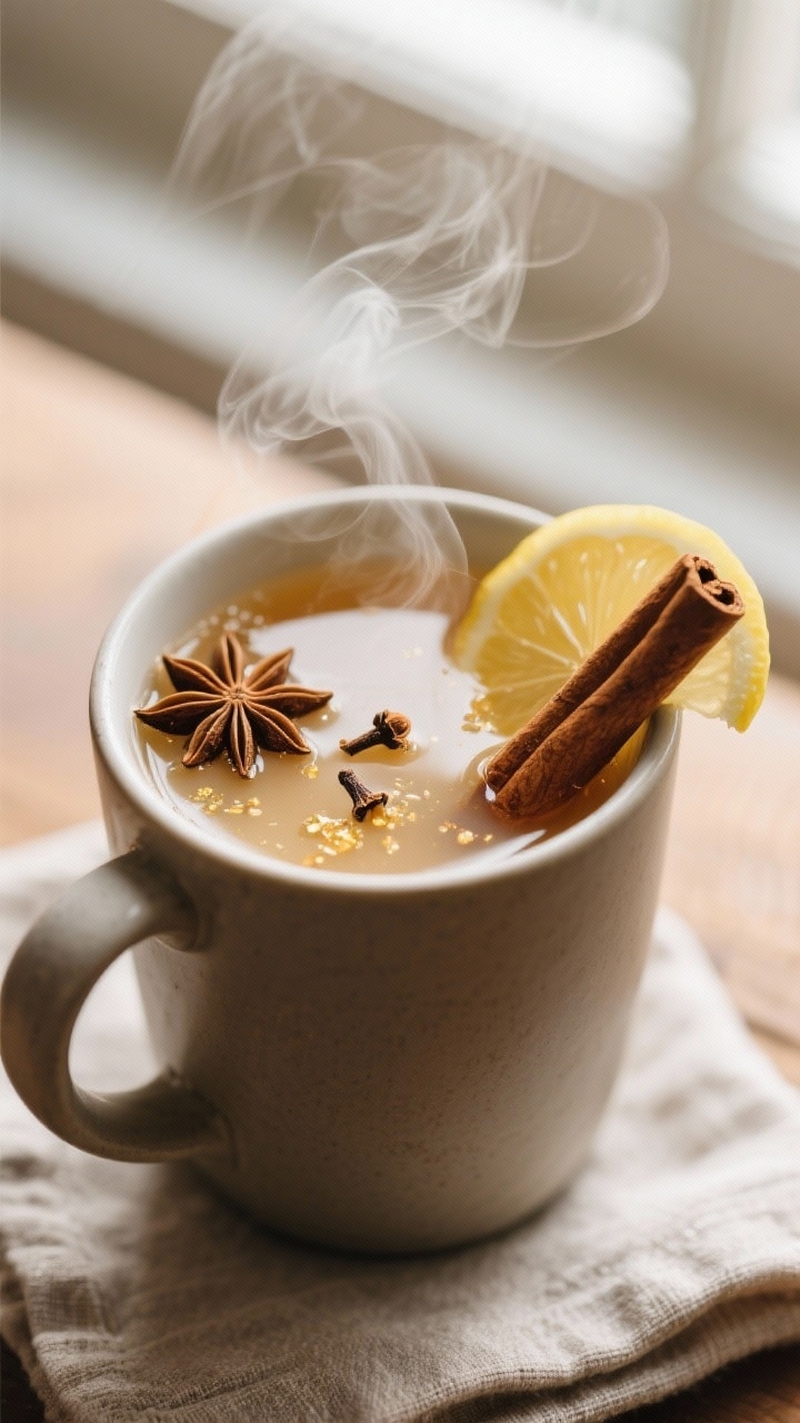 Close-up detail: A steaming tfb toddy just after stirring, honey fully dissolved and tiny citrus oil