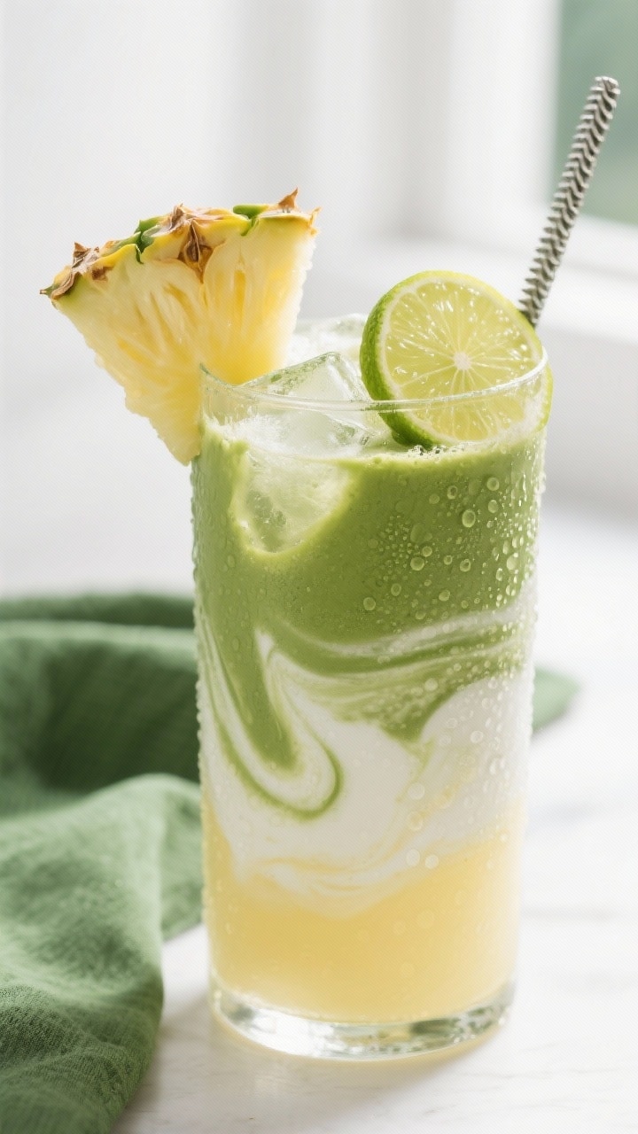 Close-up detail: A tall glass of tropical matcha with pineapple, marbled layers of silky pale yellow
