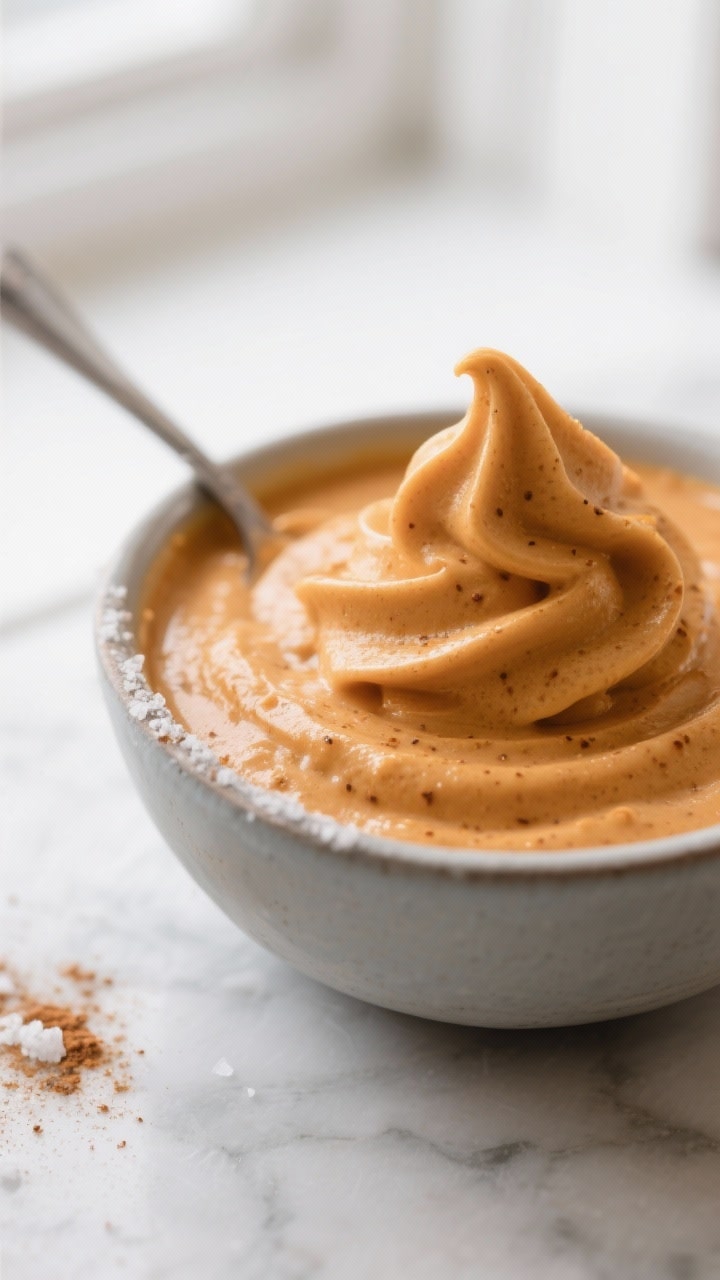 Close-up detail: A thick, spoonable pumpkin pie smoothie base being swirled into soft-serve-like rid