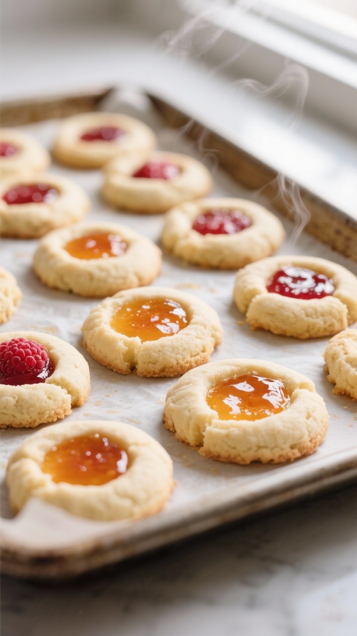 Close-up detail: A tray of freshly baked jam thumbprint cookies just out of the oven, pale buttery c