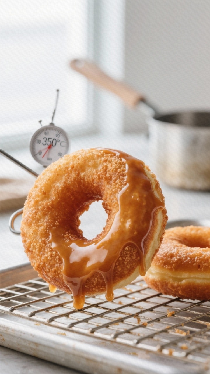 Close-up detail: A warm, freshly fried maple-glazed doughnut held on a wire rack over a sheet pan, g