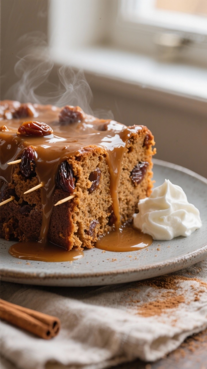 Close-up detail: A warm slice of gingerbread sticky toffee pudding just cut from the pan, the plush,