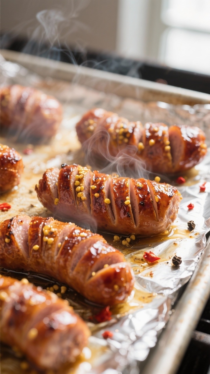 Close-up detail and cooking process: Hasselback kielbasa bites sizzling on a foil-lined sheet pan at