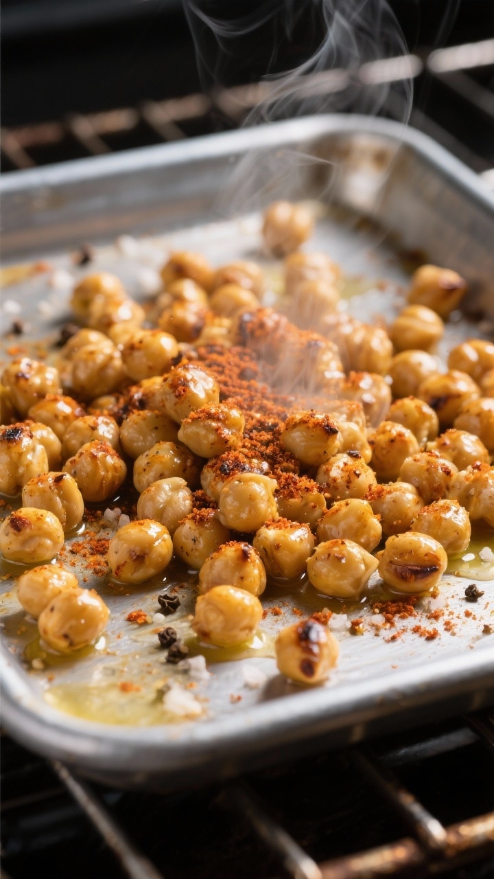 Close-up detail and cooking process: Roasted chickpeas mid-bake on a bare metal sheet pan after seas