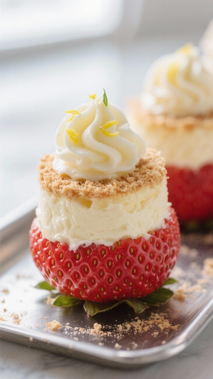 Close-up detail: Cheesecake-stuffed strawberries standing upright on a chilled metal tray, piped swi