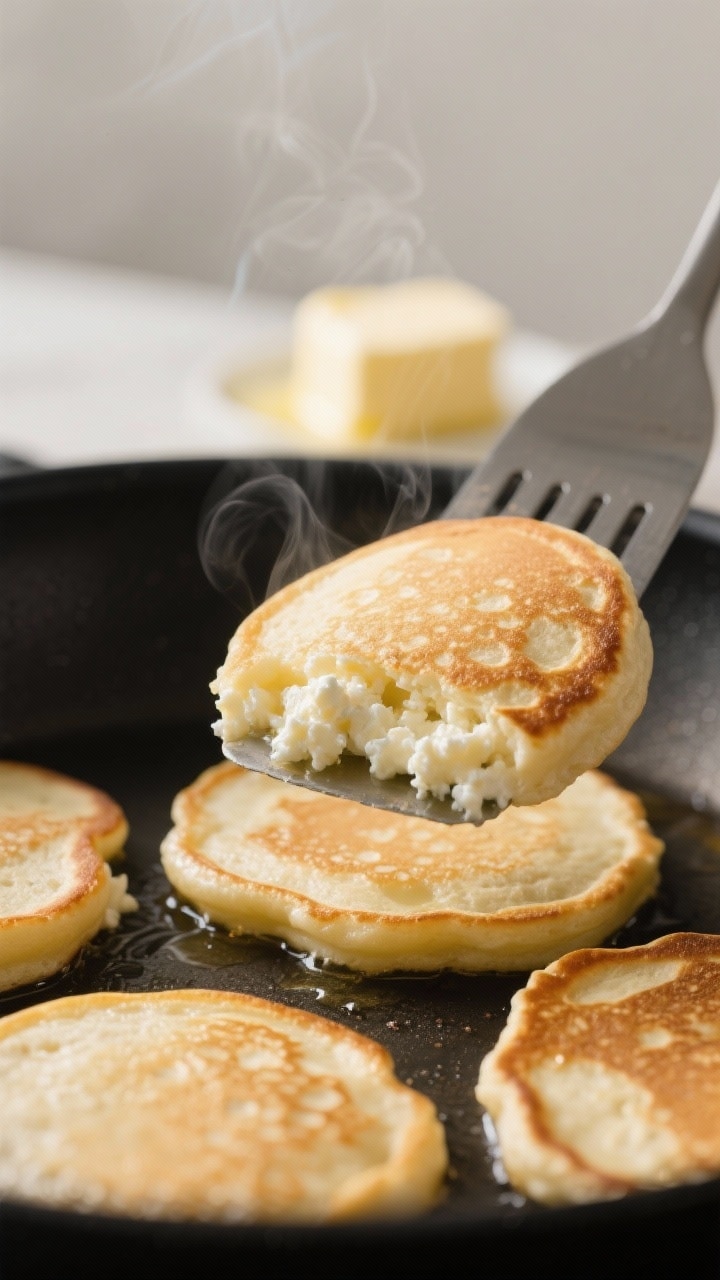 Close-up detail, cooking process: Fluffy cottage cheese pancakes mid-cook on a nonstick skillet, edg