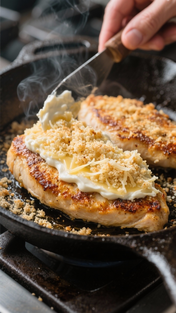 Close-up detail, cooking process: Golden-seared Parmesan chicken breasts in a cast-iron skillet, mid