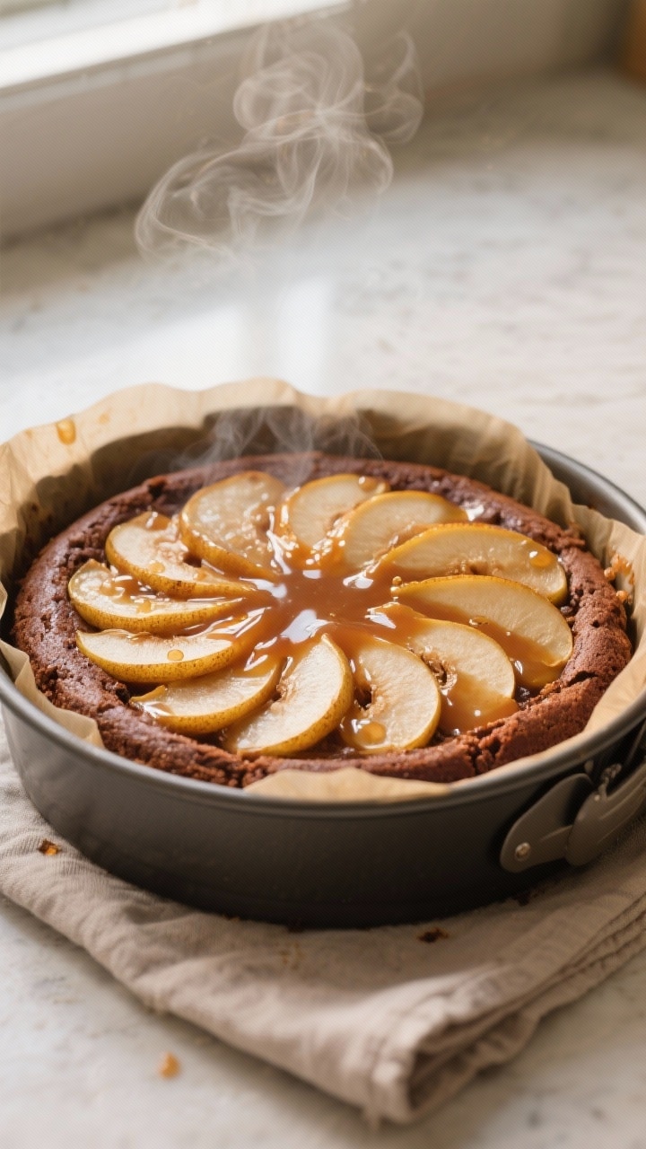 Close-up detail, cooking process: Pear gingerbread upside-down cake just out of the oven, cake still