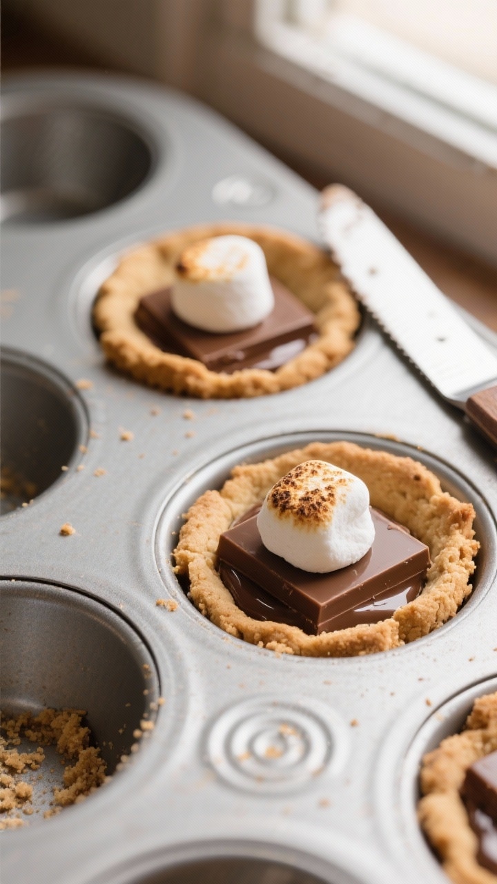Close-up detail, cooking process: Pre-baked s’mores cookie cups still in a greased muffin tin, edg