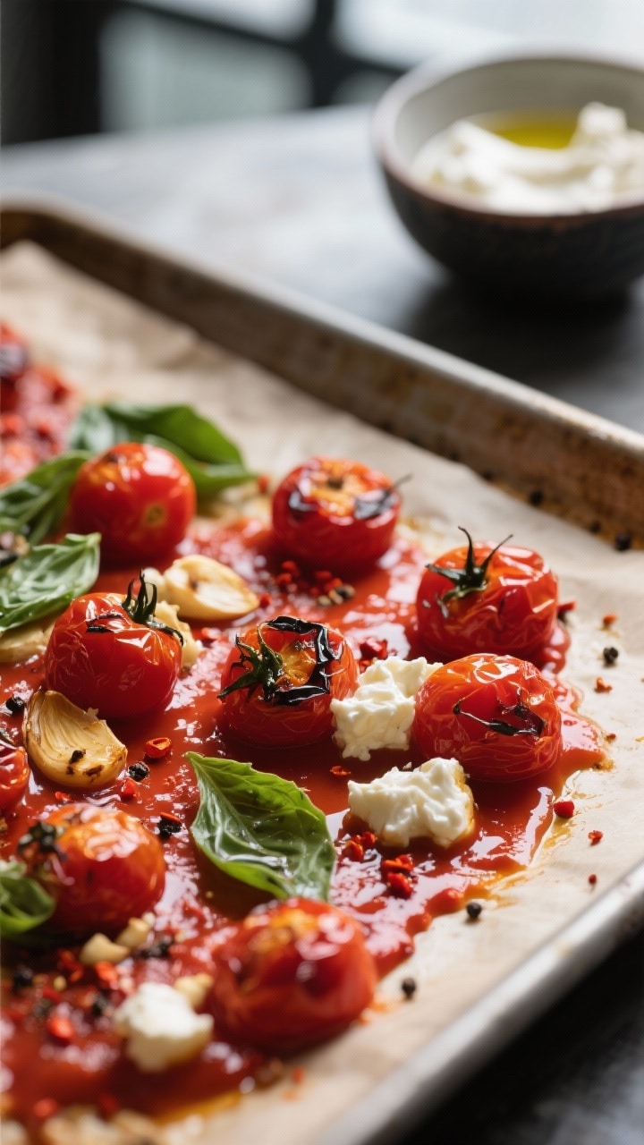 Close-up detail, cooking process: Roasted cherry tomatoes and smashed garlic on a parchment-lined sh