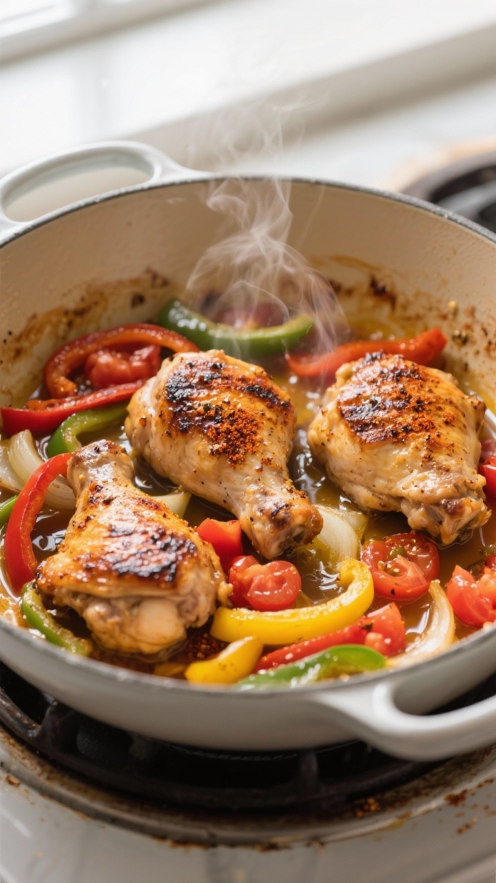 Close-up detail, cooking process: Searing chicken and fajita veggies in one pot. Golden-browned chic