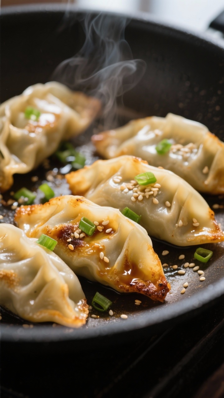 Close-up detail: Crispy-bottomed potstickers fresh from the pan, golden sear visible on the flat sid