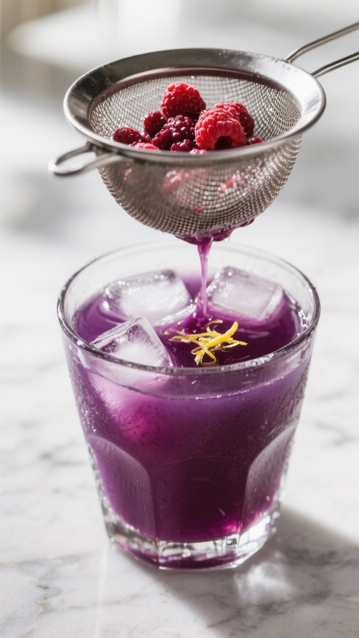 Close-up detail: Deep purple grape-raspberry mocktail base being strained through a fine-mesh sieve