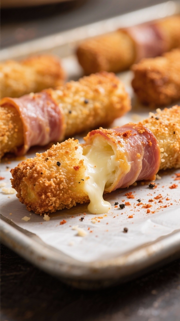 Close-up detail: Freshly baked ham-wrapped mozzarella sticks just out of the oven, golden-brown doub