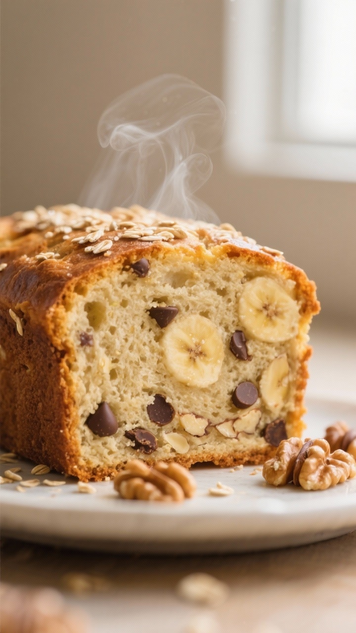 Close-up detail: freshly baked protein banana bread slice cut from the loaf, showing a soft, moist c