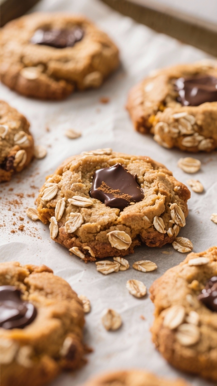 Close-up detail: Freshly baked pumpkin oatmeal cookies just out of the oven, edges set with soft, sl