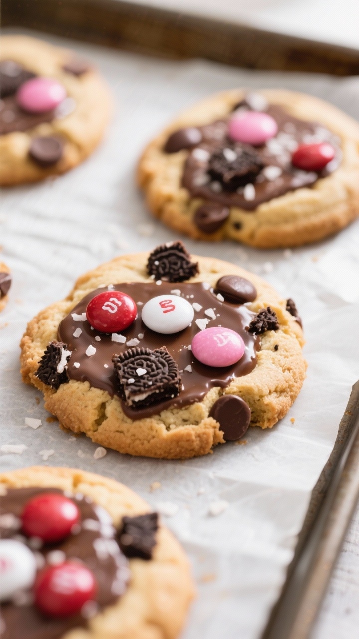Close-up detail: Freshly baked Valentine’s Oreo M&Ms cookies just out of the oven on a parchment-l