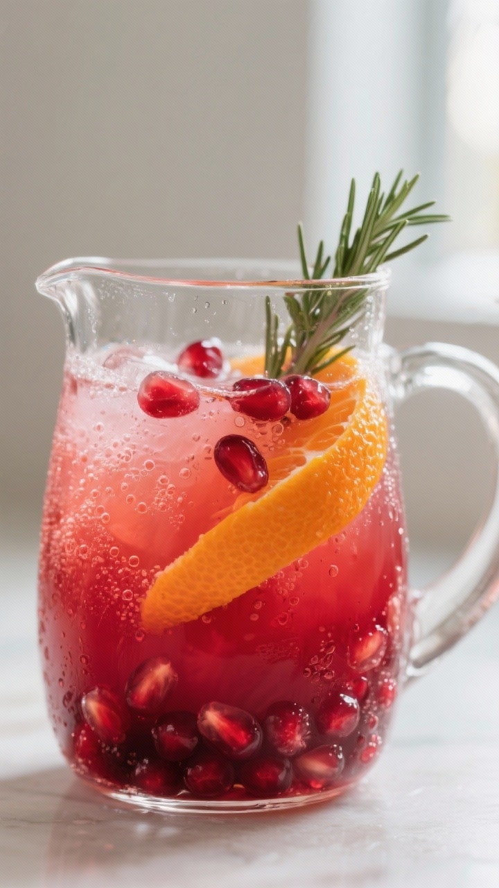 Close-up detail: Freshly mixed citrus-berry base in a clear glass pitcher, showing a ruby-red pomegr