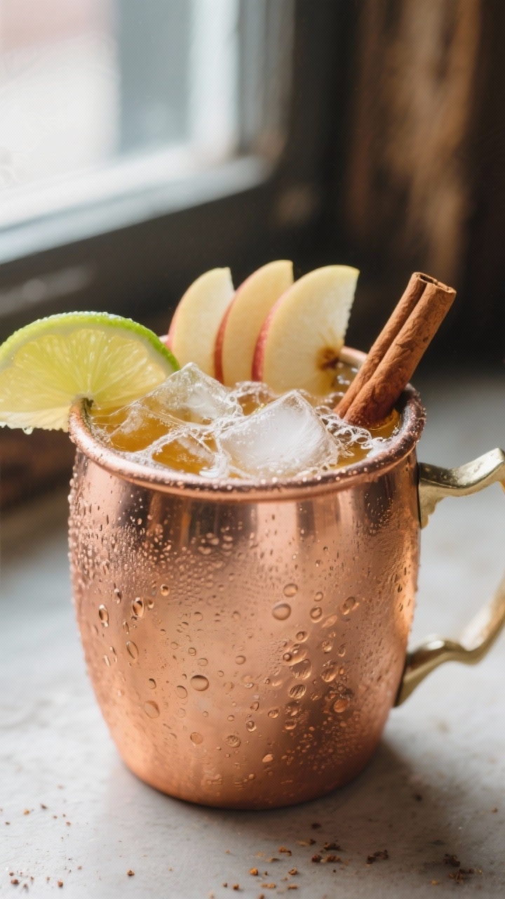 Close-up detail: Frosted copper mug filled with an Apple Cider Mule packed with crushed ice, bubbles