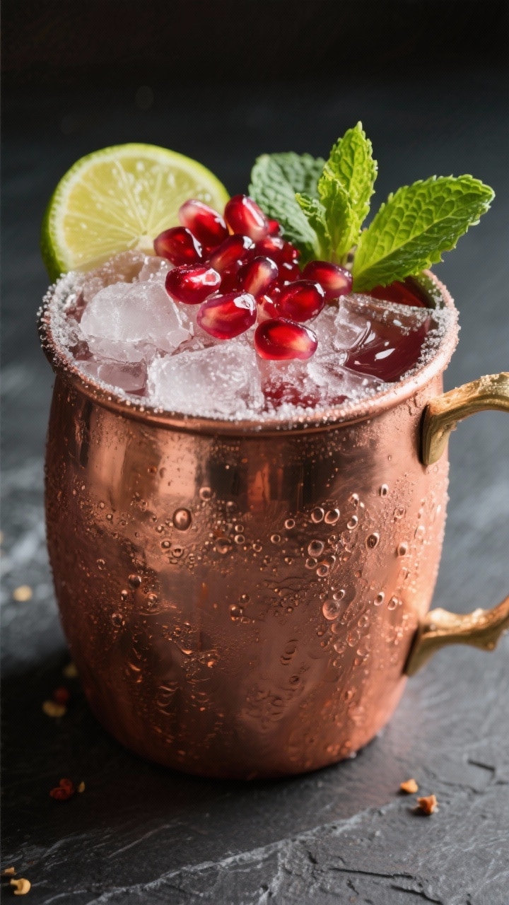 Close-up detail: Frosty copper mug filled with a prepared pomegranate mule, packed with crushed ice