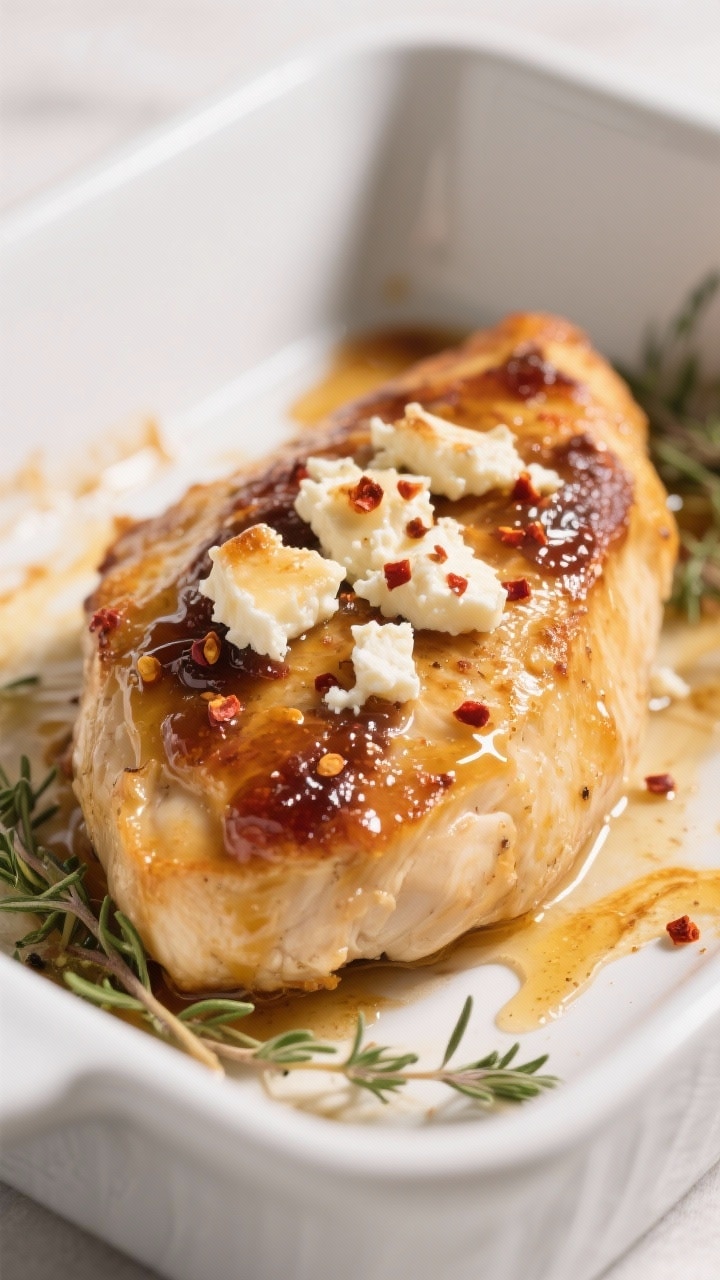 Close-up detail: Golden-baked chicken breast just out of the oven, coated in a glossy fig jam-balsam