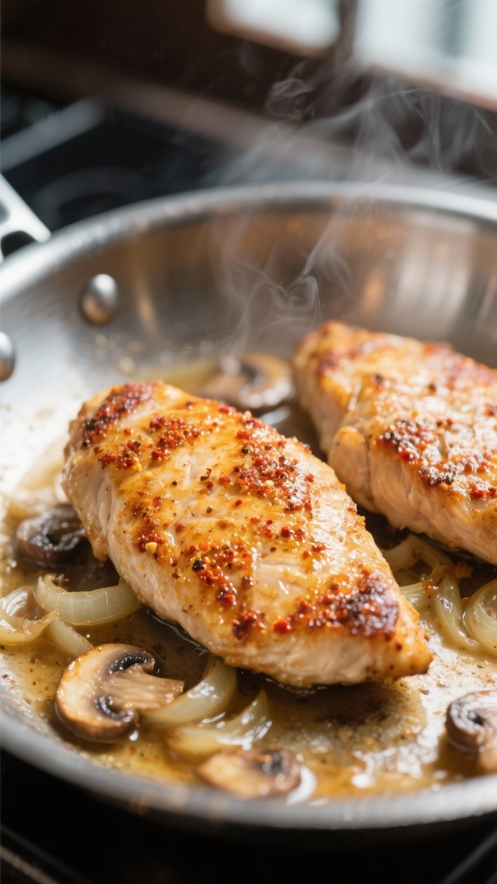 Close-up detail: Golden-brown chicken cutlets just after searing in a stainless-steel skillet, edges
