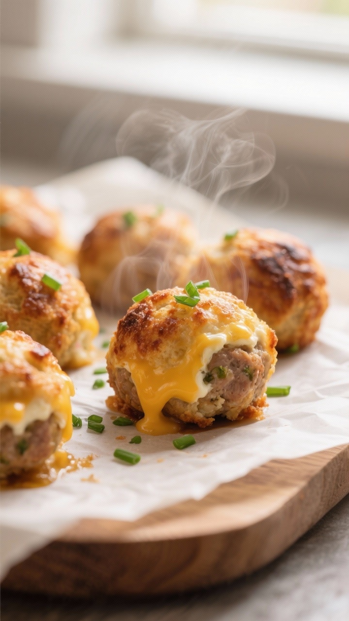 Close-up detail: Golden-brown cream cheese sausage balls just out of the oven on parchment, crisped 