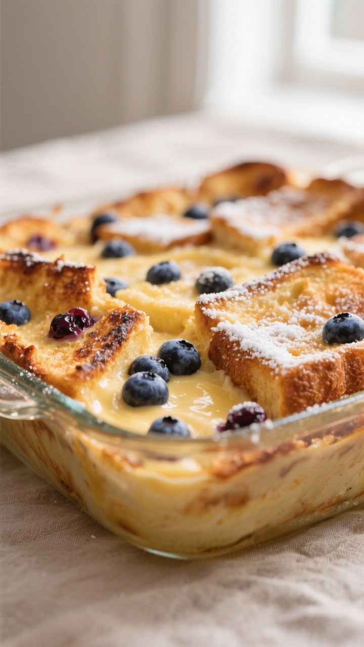 Close-up detail: Golden, custard-set blueberry french toast casserole just out of the oven, focusing