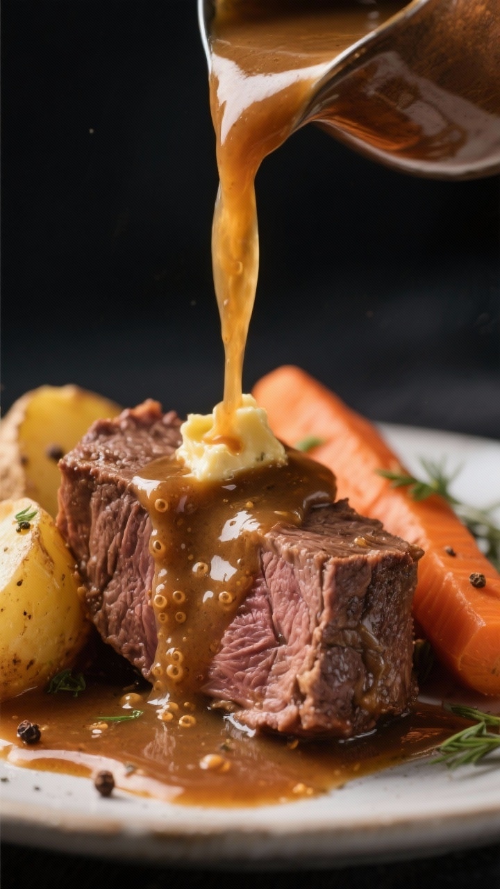 Close-up detail — Gravy pour moment: Macro shot of thickened gravy being poured over slices of pot