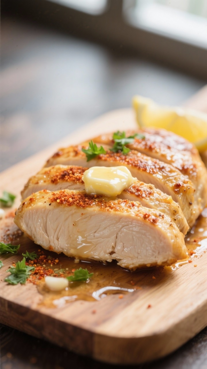 Close-up detail – juicy slice and finish: Extreme close-up of a sliced baked chicken breast on a w