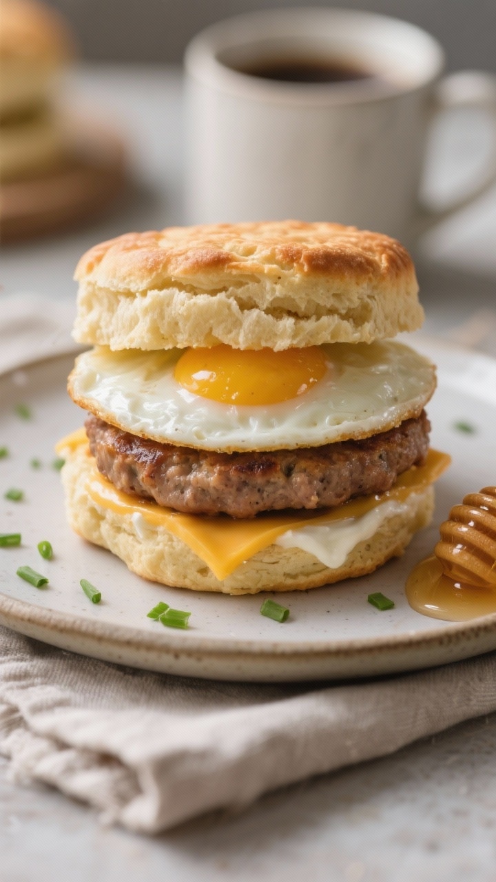 Close-up detail of a breakfast sandwich built with the protein biscuit: biscuit halves with visible 