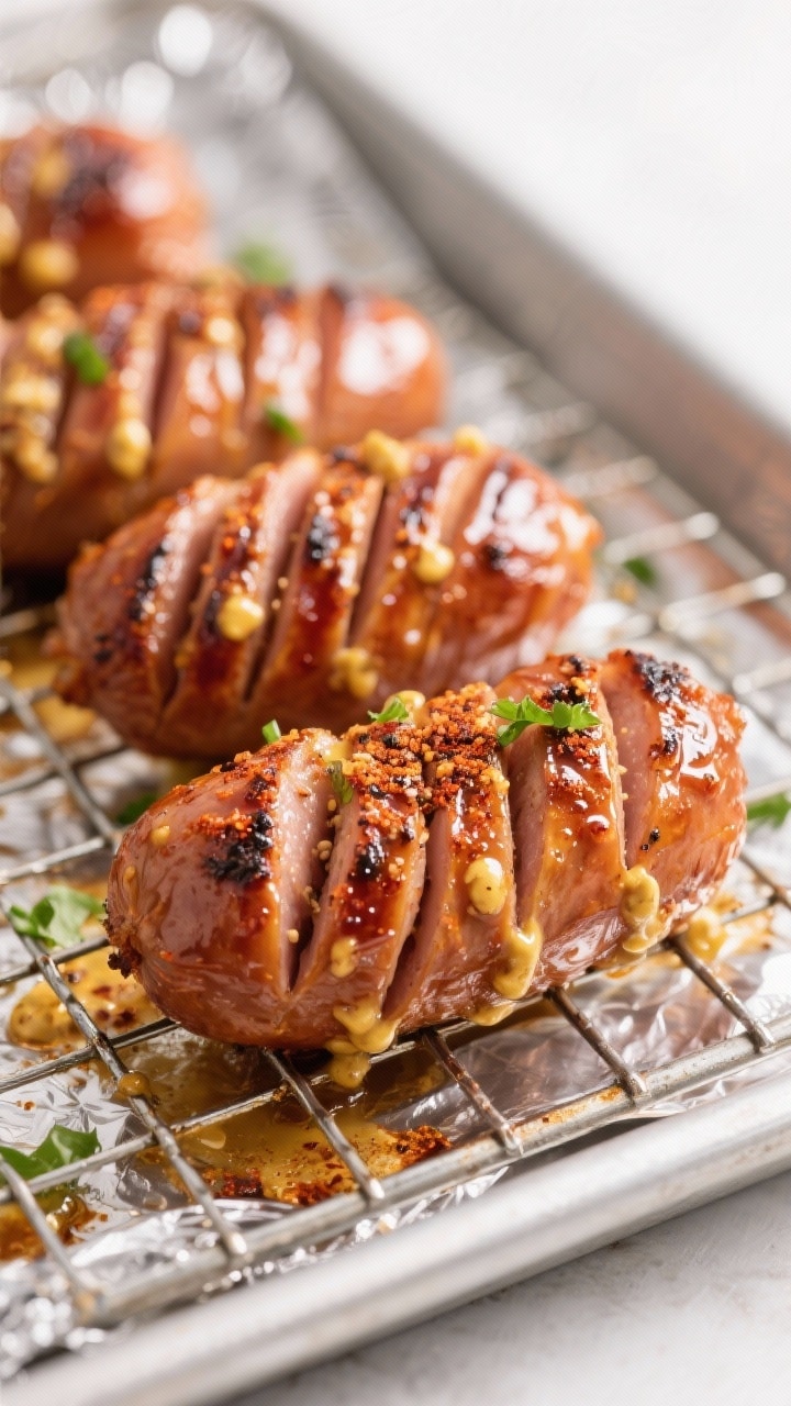 Close-up detail of hasselback kielbasa bites fresh from the oven on a wire rack over a foil-lined sh