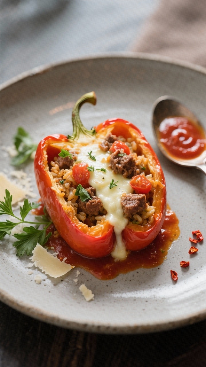 Close-up detail of one plated stuffed pepper sliced open to reveal the savory interior—juicy meat-