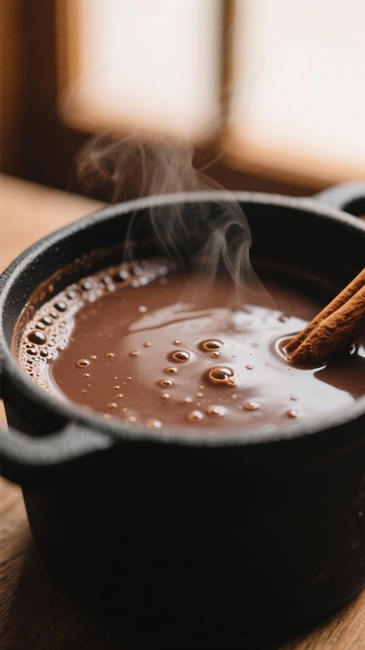 Close-up detail of silky champurrado mid-simmer in a matte black saucepan, glossy chocolate surface