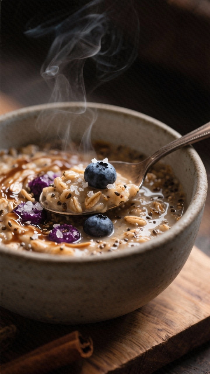 Close-up detail of the “warm-up” serving: a cozy bowl of gently heated brown sugar overnight oat
