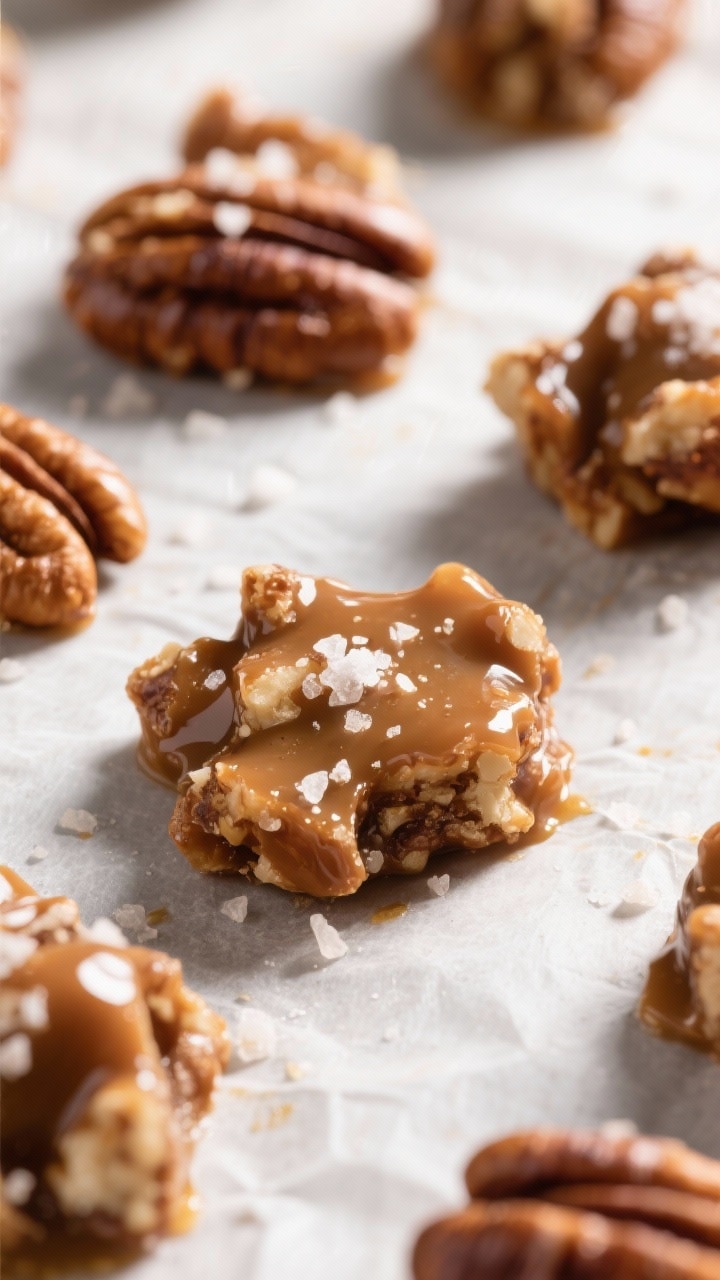 Close-up detail: Shattery praline pecan clusters cooling on a parchment-lined sheet, glossy caramel