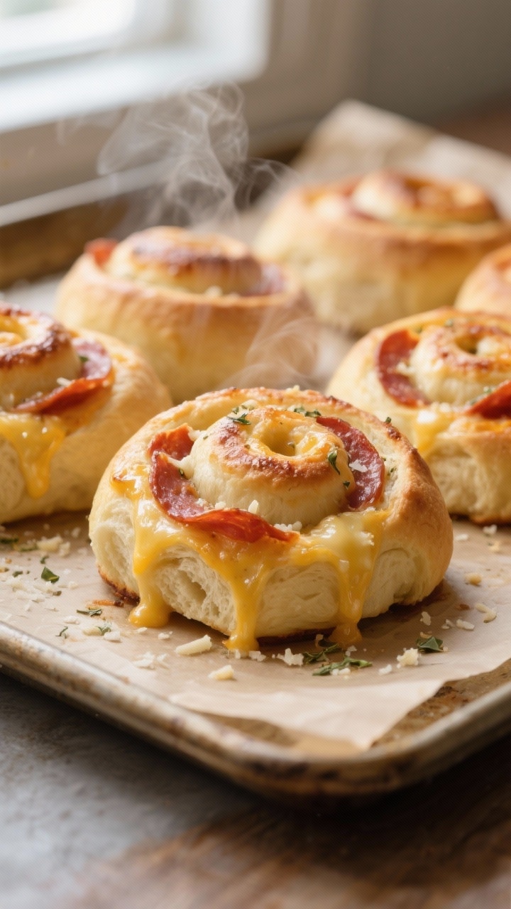Close-up detail shot: Freshly baked pepperoni rolls just out of the oven, golden and puffed with a g