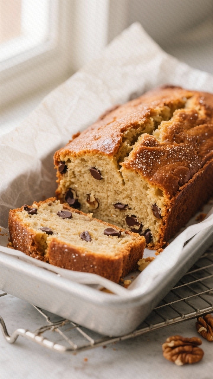 Close-up detail shot of a freshly baked banana bread loaf just lifted from a parchment-lined 9x5-inc