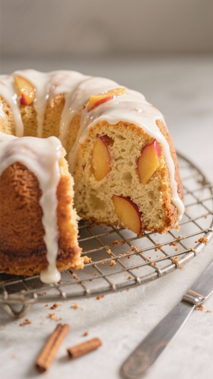 Close-up detail shot of a freshly glazed peaches and cream bundt cake segment on a wire rack, focusi