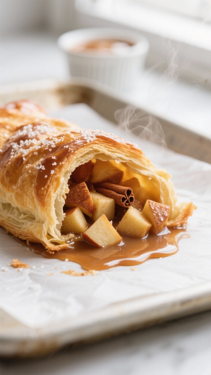 Close-up detail shot of a just-baked caramel apple puff pastry torn open to reveal glossy, tender ci
