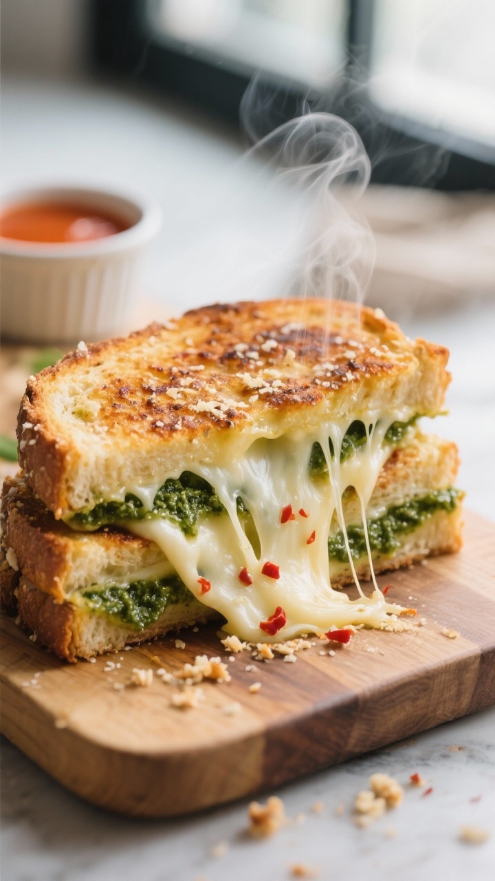Close-up detail shot of a pesto grilled cheese just sliced on a wooden cutting board, cheese pull in