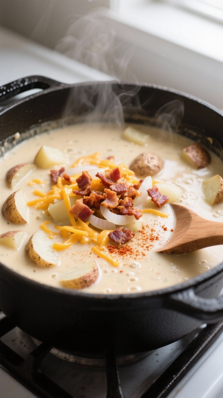 Close-up detail shot of creamy loaded baked potato soup simmering in a matte black Dutch oven: silky