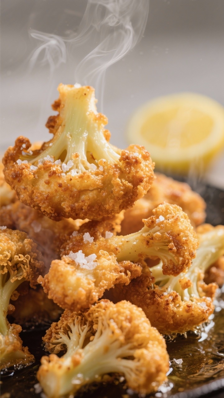 Close-up detail shot of crispy fried cauliflower just out of the oil, deep golden-brown, bubbled and